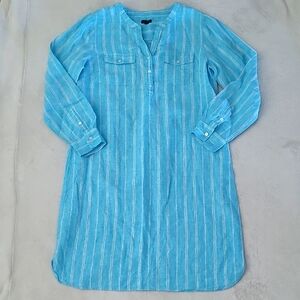 Talbots Blue Linen Striped Tunic Dress Size M Long Sleeve Beachy Boho Coastal